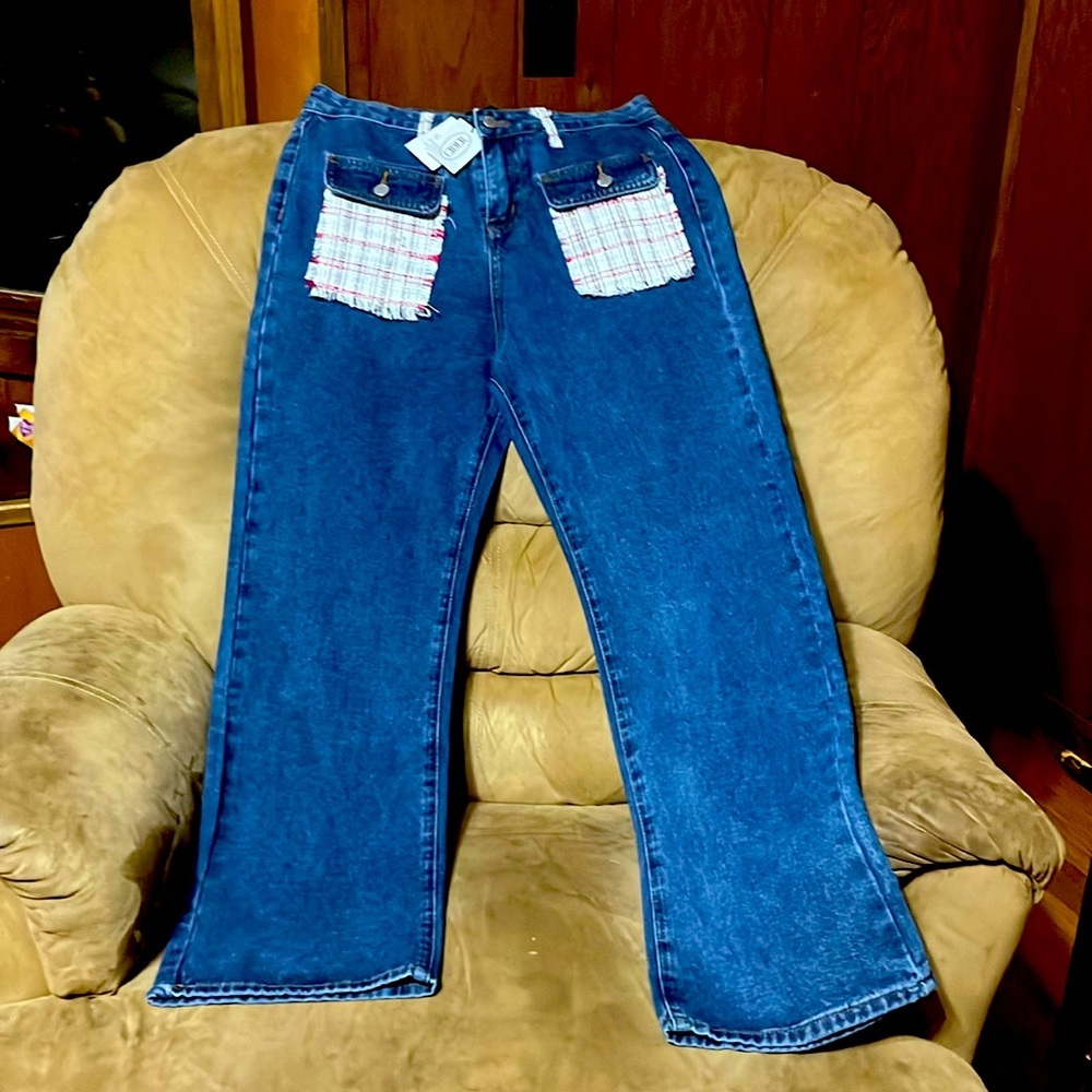 11 NWT Cider denim jeans with tweed accent pockets​